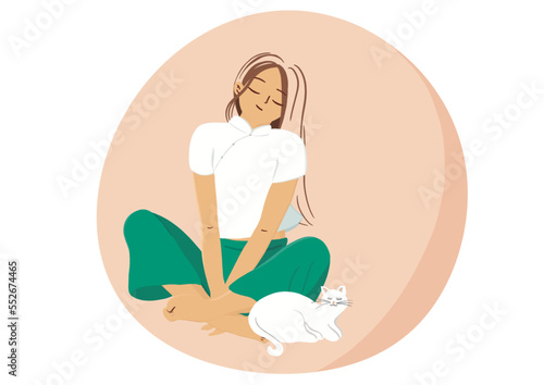 poster woman meditating in lotus position with her cat by her side