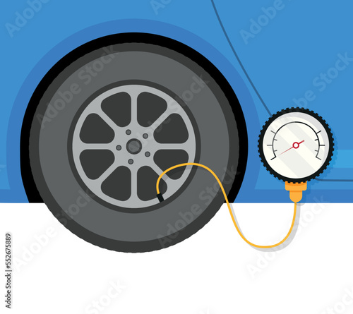 Tire fitting. Pump, car wheel and tire pressure gauge in flat design. Vector stock illustration.