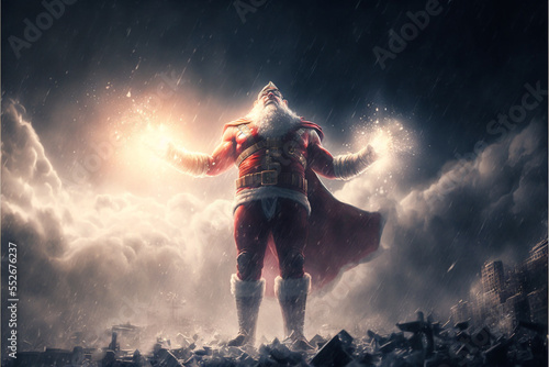 santa clause as a superhero delivering presents, standing on a snowy roof with explosions in the background.Generative AI.