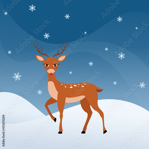 Female reindeer on a snowy winterland background vector illustration