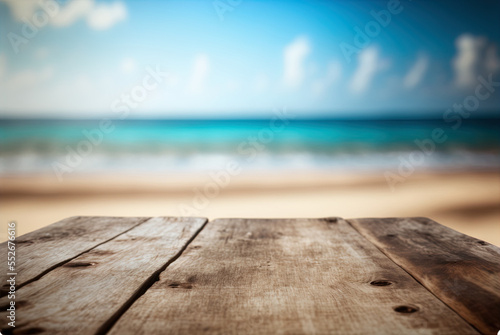 A blank wooden board sits in front of a hazy sea and sky. Brown wooden table seaside scene in perspective, perfect for photoshoot backdrops, product displays, and design mockups. Generative AI photo