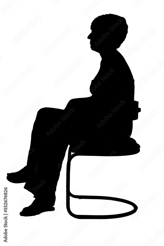full portrait of middle aged woman sitting on a chair on white