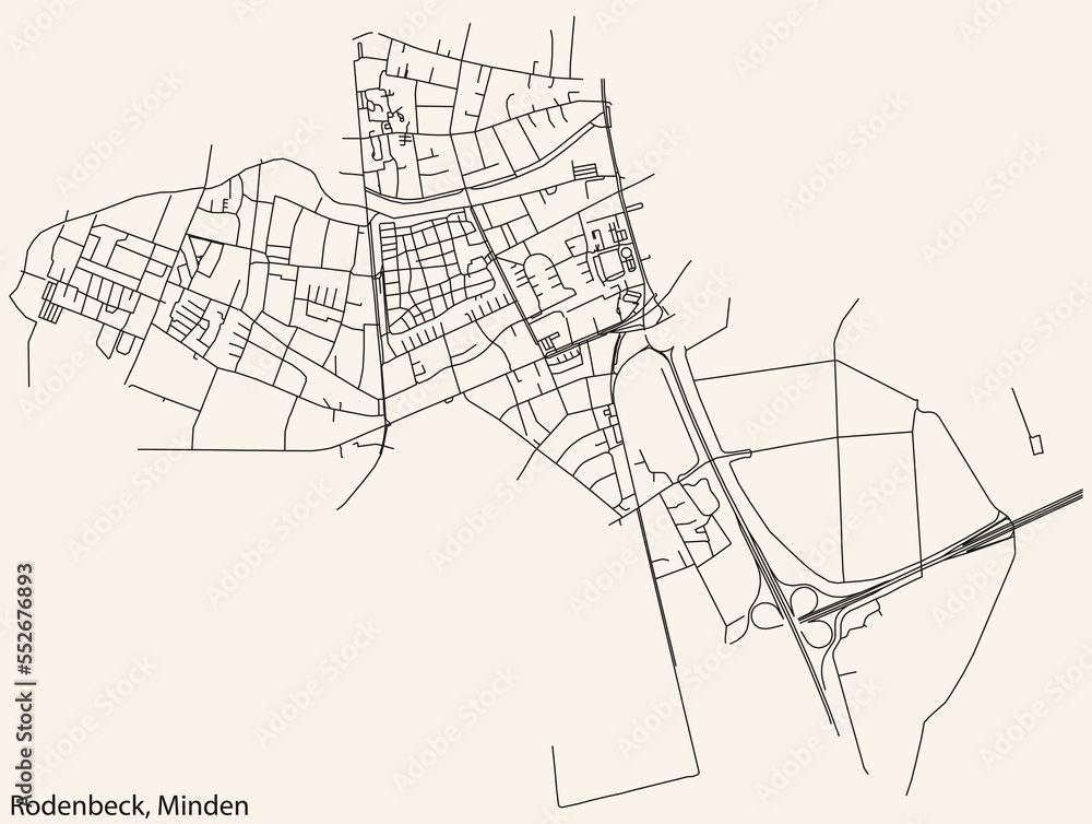 Detailed navigation black lines urban street roads map of the RODENBECK QUARTER of the German town of MINDEN, Germany on vintage beige background