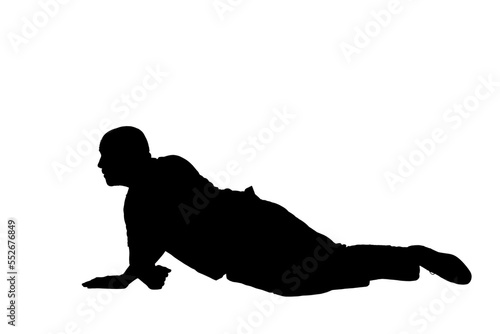 silhouette of a lyng man on a floor look away on white background photo