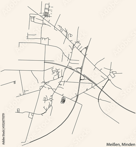 Detailed navigation black lines urban street roads map of the MEISSEN QUARTER of the German town of MINDEN  Germany on vintage beige background