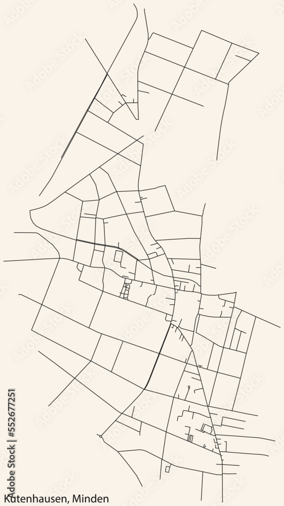 Detailed navigation black lines urban street roads map of the KUTENHAUSEN QUARTER of the German town of MINDEN, Germany on vintage beige background