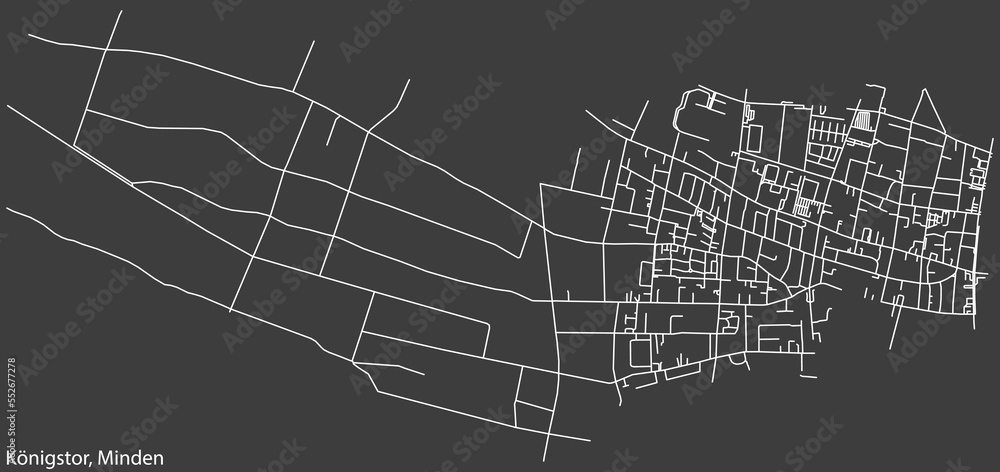 Detailed negative navigation white lines urban street roads map of the KÖNIGSTOR QUARTER of the German town of MINDEN, Germany on dark gray background