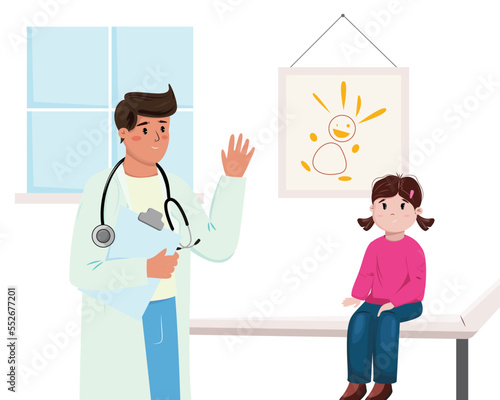 Doctor and the child in the room. Flat cartoon illustration with a girl having a check up by pediatrician.