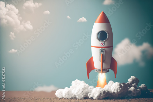 Fototapeta Naklejka Na Ścianę i Meble -  Cartoon space ship  rocket taking off