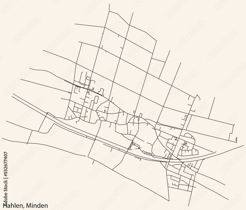 Detailed navigation black lines urban street roads map of the HAHLEN QUARTER of the German town of MINDEN, Germany on vintage beige background