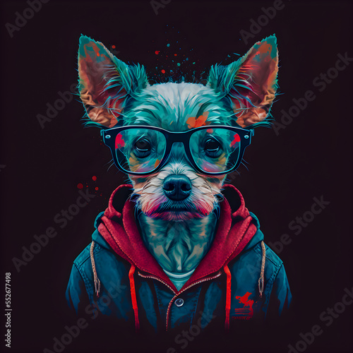 Funny Hipster Cute Dog Art Illustration, Anthropomorphic Dogs