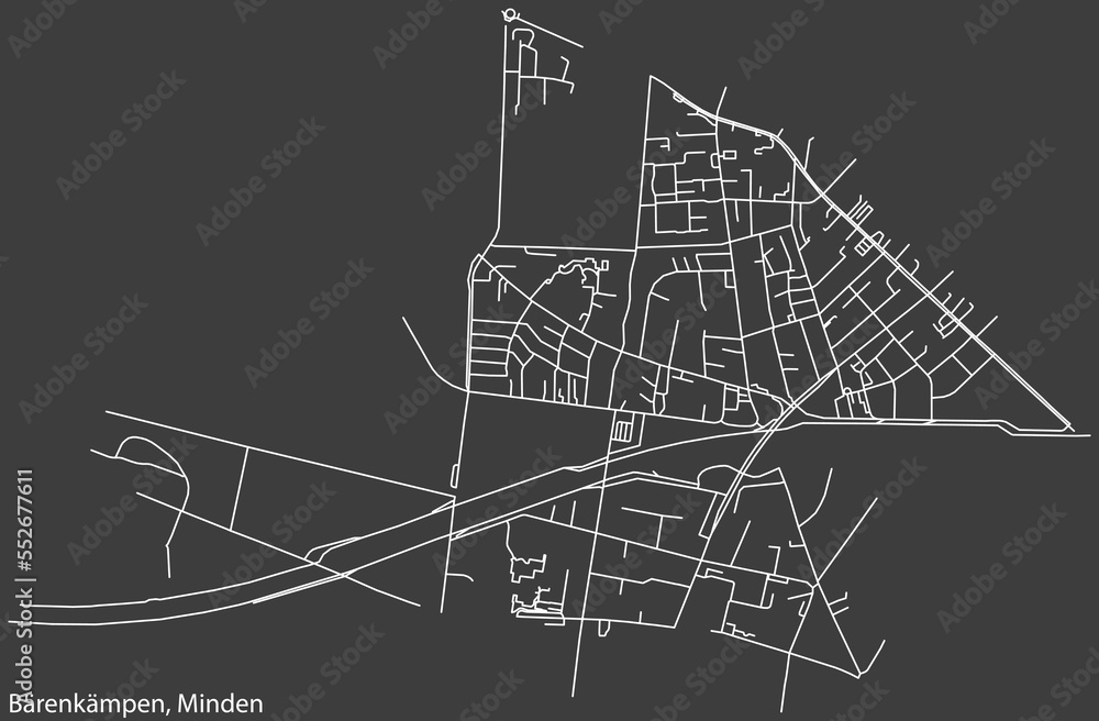 Detailed negative navigation white lines urban street roads map of the BÄRENKÄMPEN QUARTER of the German town of MINDEN, Germany on dark gray background