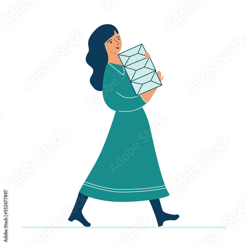 Smiling woman carrying parcels flat vector illustration. Cartoon girl holding presents and walking