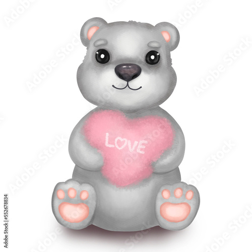 Fluffy Teddy bear with heart. Hand painted watercolor Cute grey teddy bear with pink heart in paws. Isolated on transparent background. Design for a love, romantic, Valentine's day concept.