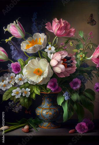 Wallpaper Mural Vintage spring flowers bouquet over dark background, traditional dutch style, illustration Torontodigital.ca