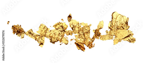 Abstract torn piece of metal leaf (potal) paper on Png tranparent background. Gold and bronze color.