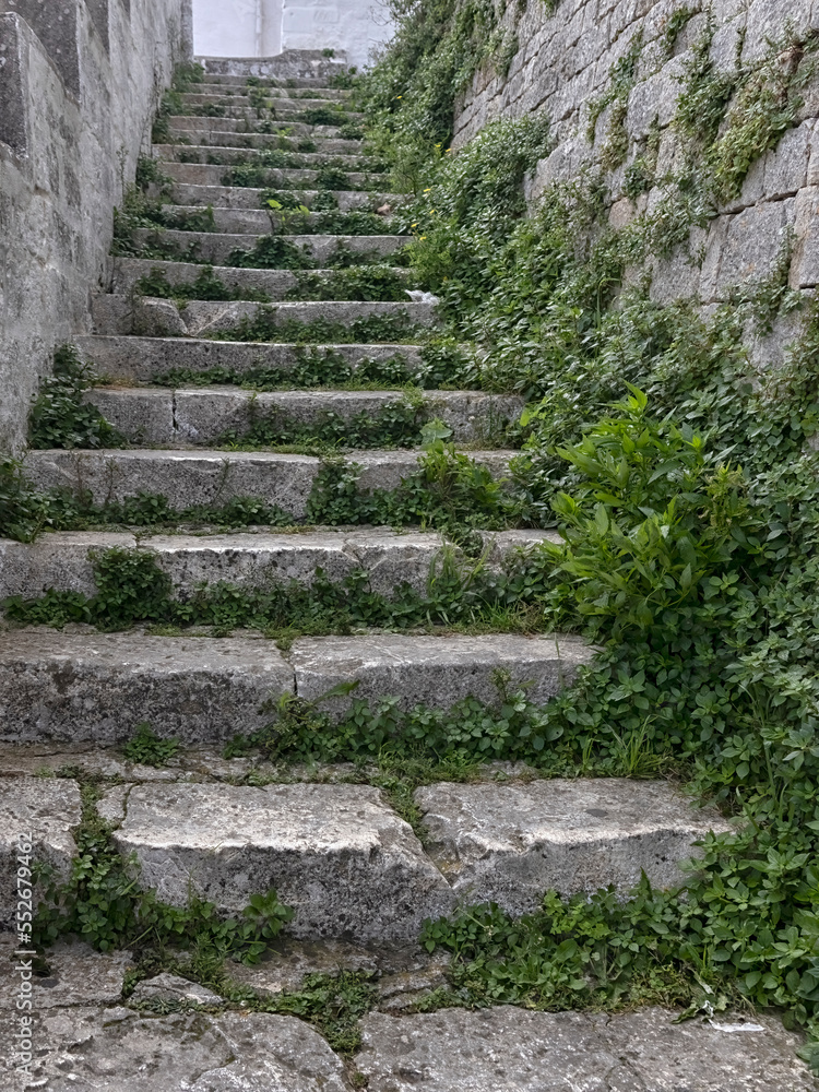 View up stone steps with weeds on the edges