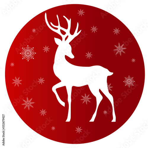 Bright Christmas card with Santa's reindeer and snowflakes in the shape of a ball. Red on a transparent background