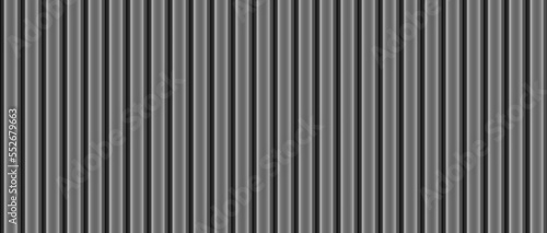 Vector black vertical striped metal fence texture. Realistic plastic house siding seamless pattern. 3d iron grooved wall background. Wavy aluminium urban sheet. Roofing metal sheet. Floor line plate