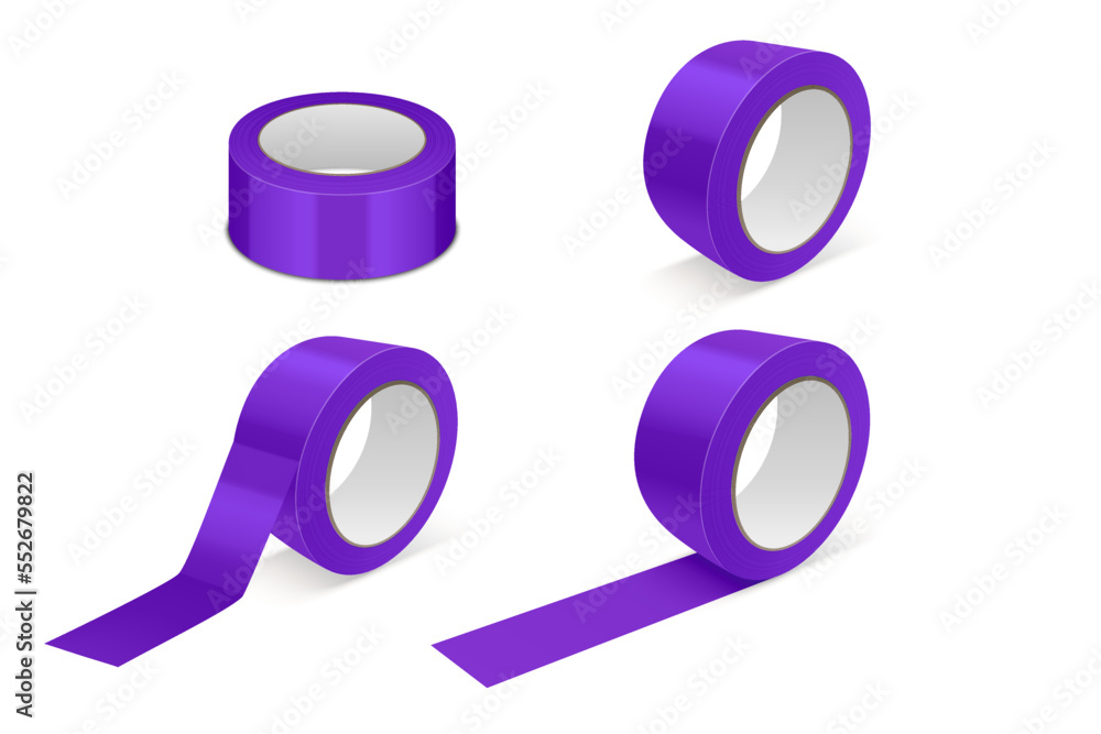 Vector 3d Realistic Glossy Purple Tape Roll Icon Set, Mock-up Closeup Isolated on White Background. Design Template of Packaging Sticky Tape Roll or Adhesive Tape for Mockup. Front View Vector 3d Realistic Glossy Purple Tape Roll Icon Set, Mock-up Closeup Isolated on White Background. Design Template of Packaging Sticky Tape Roll or Adhesive Tape for Mockup. Front View