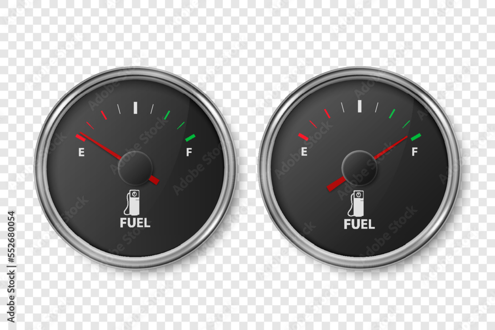 Vector 3d Realistic Silver Metallic Gas Fuel Tank Gauge, Oil Level Bar Set Isolated. Full and