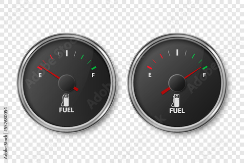 Vector 3d Realistic Silver Metallic Gas Fuel Tank Gauge, Oil Level Bar Set Isolated. Full and Empty. Car Dashboard Details. Fuel Indicator, Gas Meter, Sensor. Design Template