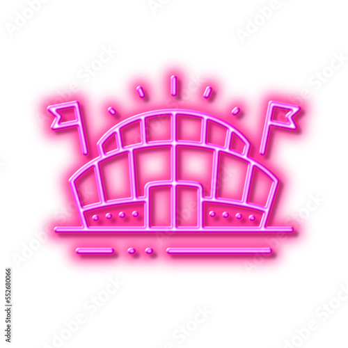 Sports arena line icon. Stadium with flags sign. Sport complex. Neon light effect outline icon.