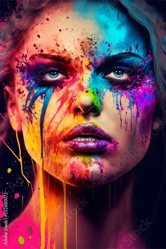 Powerful drawing of a woman's face with rainbow paint streaming down her face. Generative AI, this image is not based on any original image, character or person.