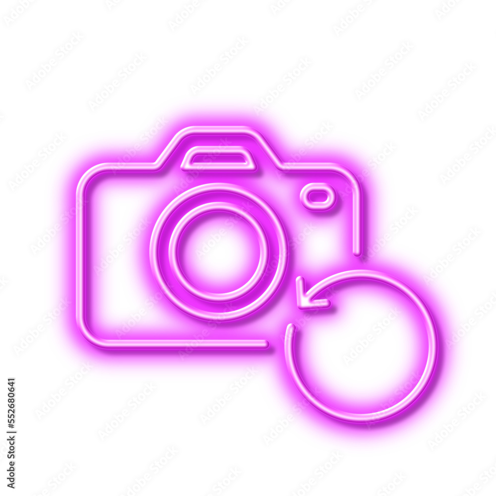 Recovery photo camera line icon. Backup data sign. Restore information. Neon light effect outline icon. Recovery photo camera line icon. Backup data sign. Restore information. Neon light effect outline icon.