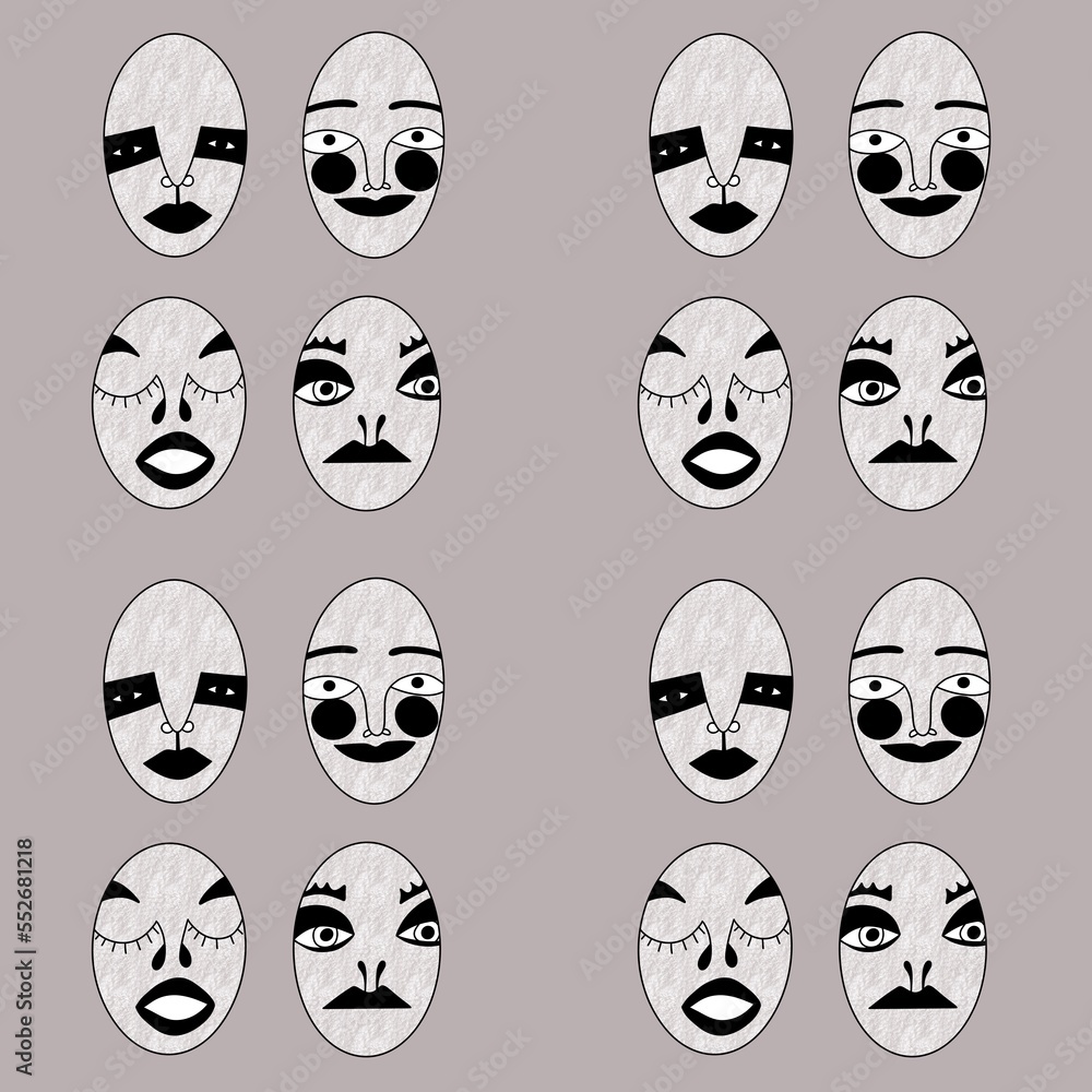 scary ugly strange masks with different facial expressions and emotions in a row on a beige background. modern unusual abstract portrait scary ugly strange masks with different facial expressions and emotions in a row on a beige background. modern unusual abstract portrait