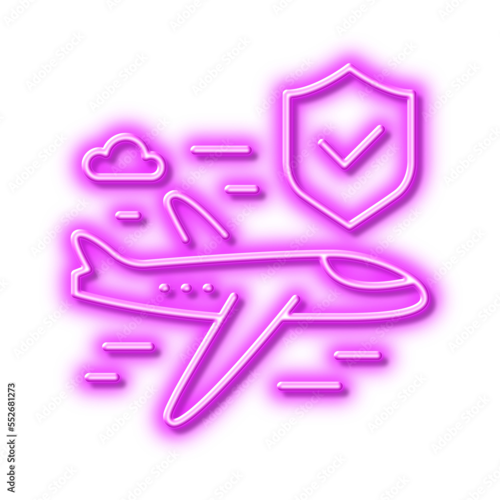 Flight insurance line icon. Risk coverage sign. Neon light effect outline icon. Flight insurance line icon. Risk coverage sign. Neon light effect outline icon.