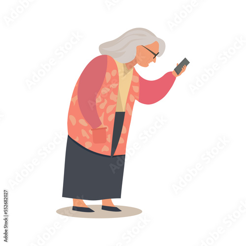 Elderly woman looking at smartphone. Older Lady Communicate on Social Networks. Isolated vector illustration