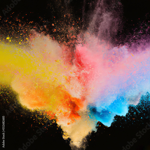Fiery Orange Pink Red Blue Purple Rainbow Paint Powder Explosion Black Backdrop Generative AI