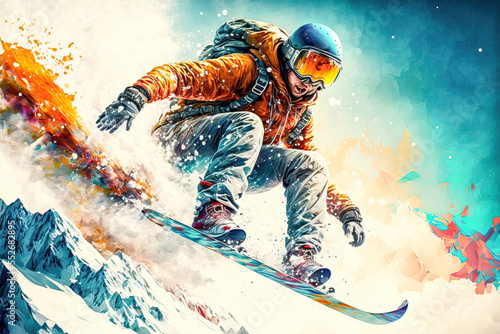 Snowboard Wintersport Extrem Abfahrt Downhill Competition Wettbewerb Tiefschnee Abfahrt Generative AI Technology Digital Art Illustration