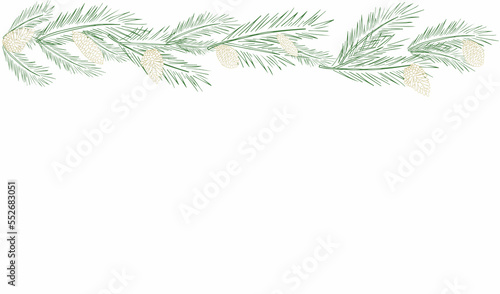 Festive background, web banner, postcard, poster, greeting card with fir branches, pine cones and balls. with space for text. Elements of hand drawing.