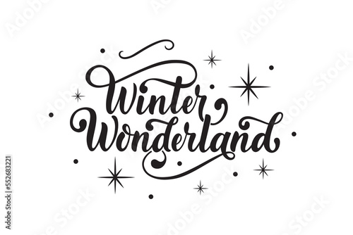 Winter wonderland handwritten text with stars and snowflakes. Hand lettering typography. Modern brush ink calligraphy. Vector illustration as greeting card, banner, poster, logo. Season's greeting