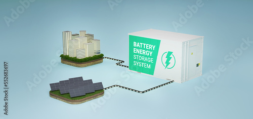 Solar City, Battery energy storage system, Solar power plant, ESS, 
3D Rendering, 3D Illustration. photo