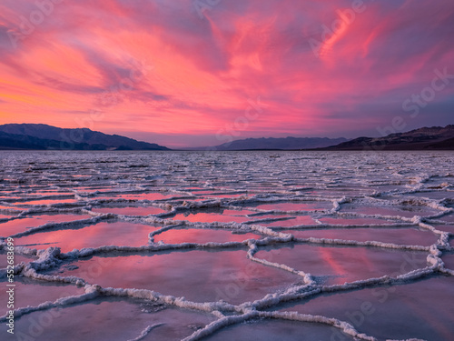 Sunset over the Badwater salt flats on Death Valley National Park; California, United States of America
