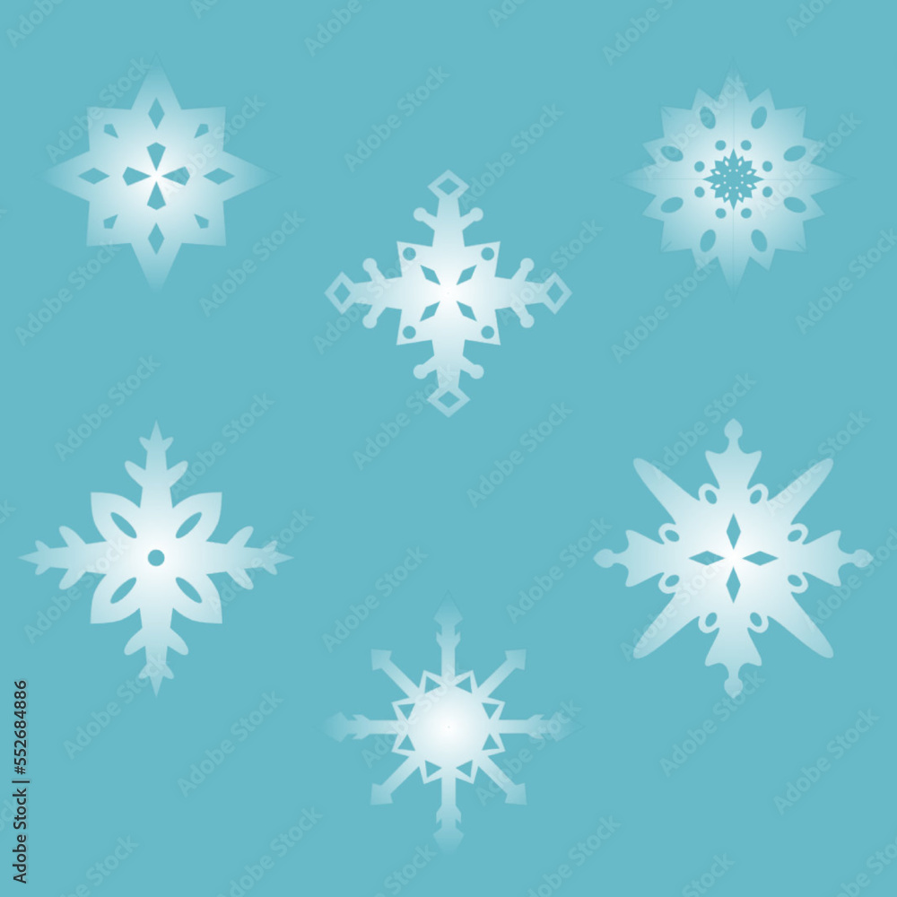 collection of six snowflakes, shades of blue