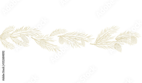 Festive background, web banner, postcard, poster, greeting card with fir branches, pine cones and balls. with space for text. Elements of hand drawing.