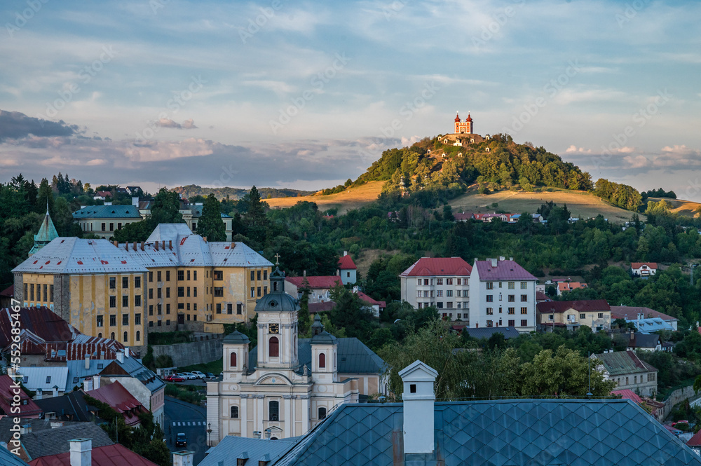 Aerial view over Banska Stiavnica at monastery on the hill, Slovenia