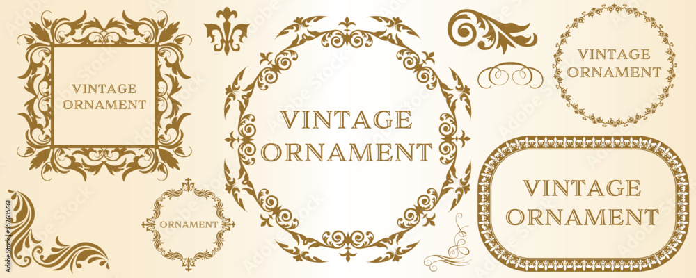 set of graphic materials, oriental patterns, arabesque patterns, antiques, decorative borders and vintage frames.