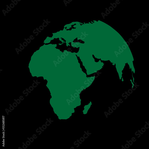 Green planet on a black background. map of eurasia and africa.