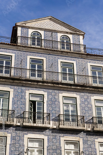 Portuguese house covered with blue tiles azulejo