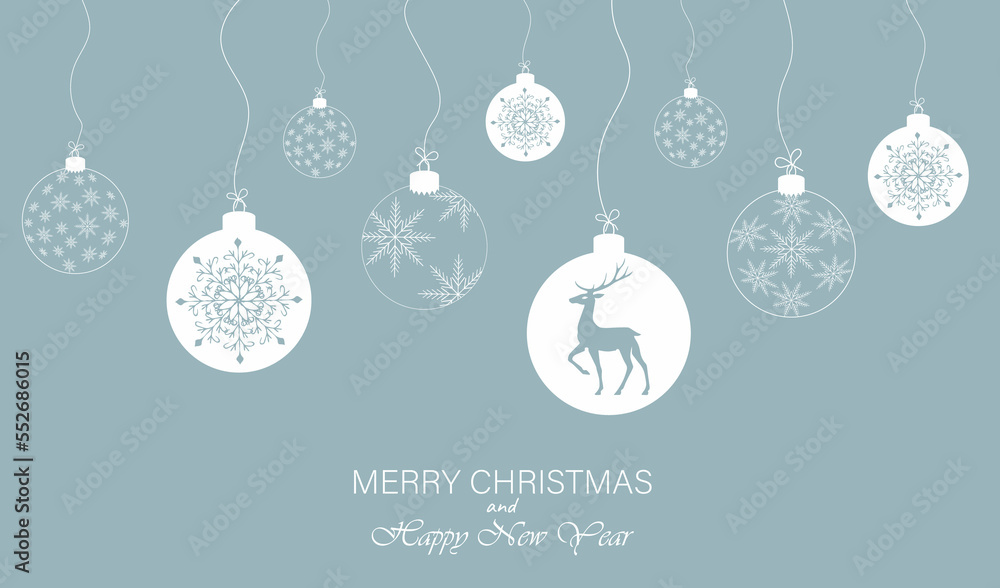 Festive background, web banner, postcard with Christmas balls, snowflakes, deer. with elements of hand drawing. Can be used as a poster, greeting or invitation. For a festive mood