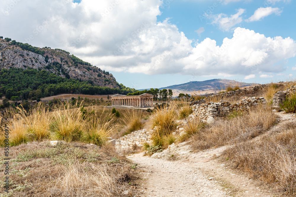 View at the Greek Doric temple in the Romantic hill landscape of Segesta, Sicily, Italy, Europe