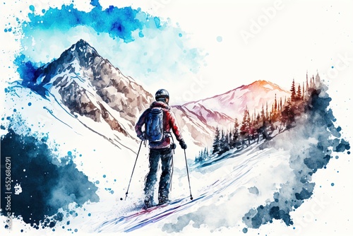 Winter skier and montains landscape. Generative AI illustratin like watercolor style.