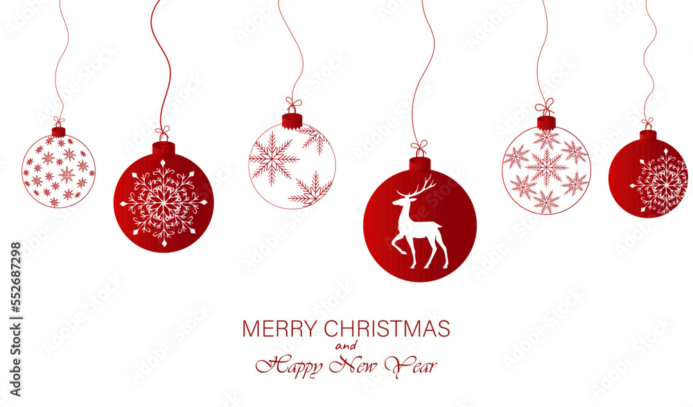 Festive background, web banner, postcard with Christmas balls, snowflakes, deer. with elements of hand drawing. Can be used as a poster, greeting or invitation. For a festive mood