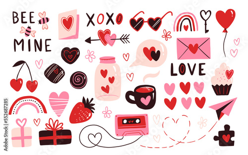 Set of hand drawn Valentines Day elements isolated on white background. Hearts, rainbow, candy, strawberry, tape, present, envelope. Vector doodle elements for Valentines Day and romantic holidays