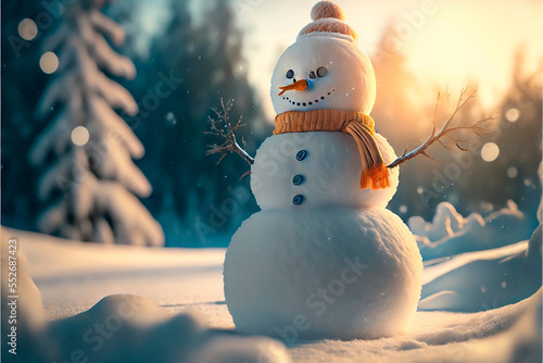 Happy snowman in winter with bright orange hat and scarf photo